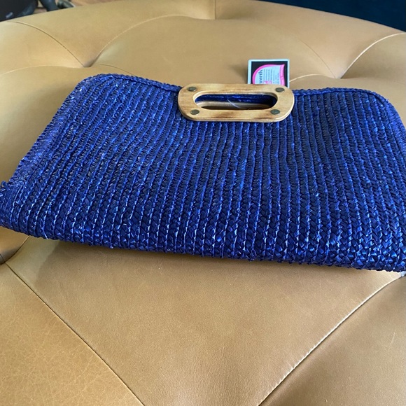 Vintage Woolworth Deadstock NWT Straw Bag Purse Navy Blue Clutch Wood Handle - Picture 3 of 7